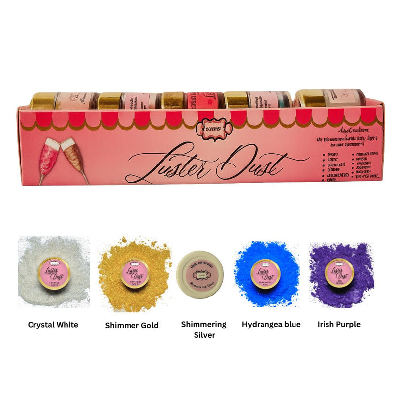 Edible Luster Dust – Pack of 5 | Silver, Gold, Crystal, Blue, Purple | 25 Gm