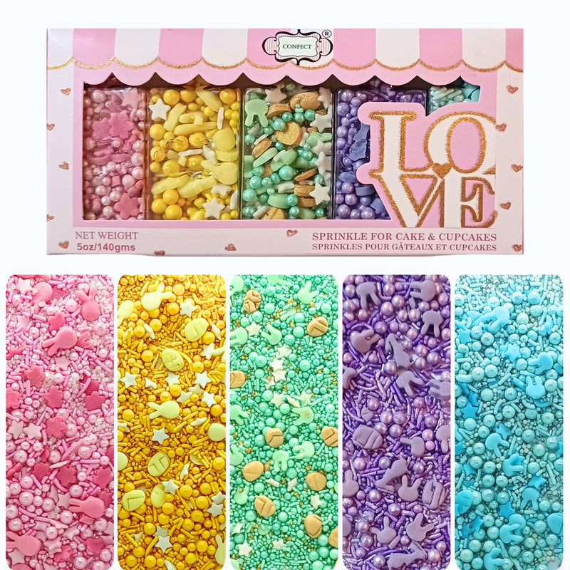 Easter Sprinkles Edible | Mix Parrot Green, Pink, Sky Blue and Yellow Pearls & Stars Pack Of 5 (EAST 5) - 100Gms