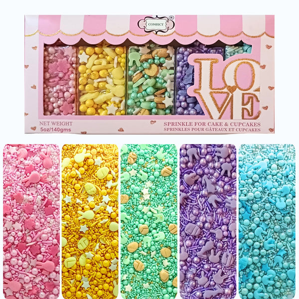 Easter Sprinkles Edible | Mix Parrot Green, Pink, Sky Blue and Yellow Pearls & Stars Pack Of 5 (EAST 5) | 140g