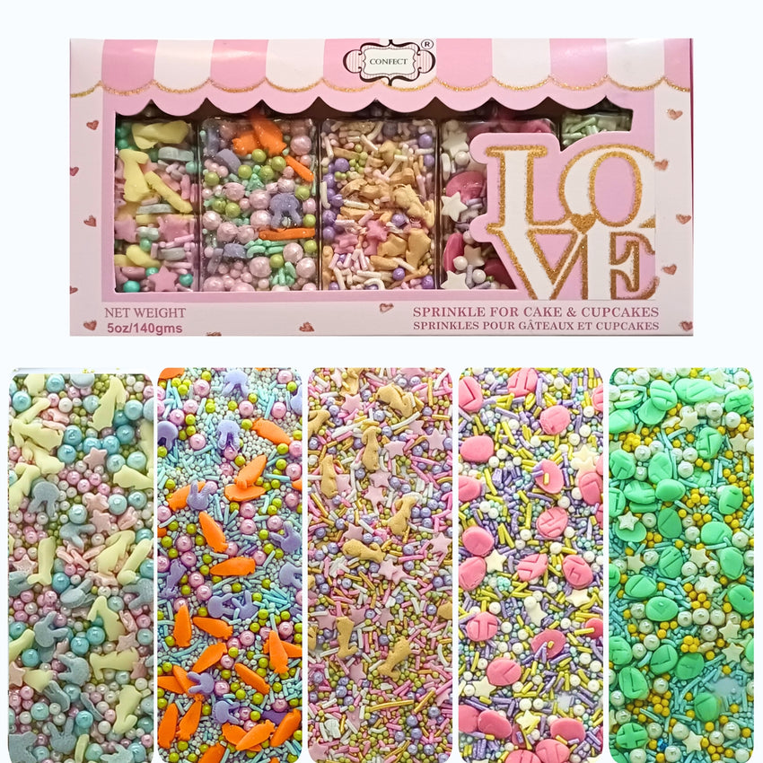 Spring Sprinkles Edible |  Mix Green & Pink Eggs & Yellow & Gold Bunny pack of 5 (EAST 3) - 100Gms