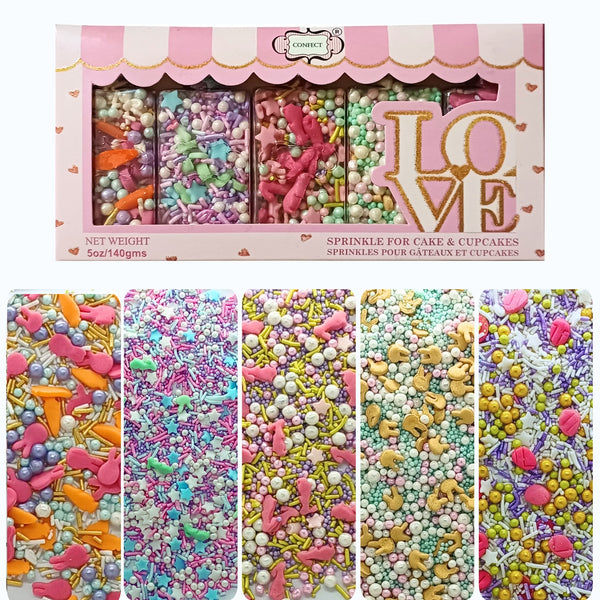 Spring Sprinkles |  5 White, Pink and Sky Blue Pearls & Stars Pack of 5 (EAST 6) | 140g