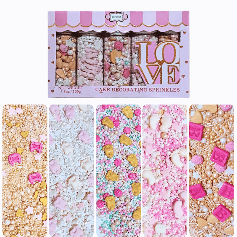 Girls Baby Shower Sprinkles | Mix Heart, Teddy, Baby Feed Bottle & Baby Feet Sprinkles