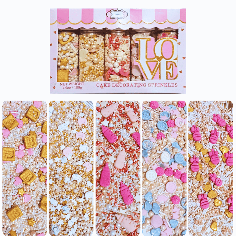 Girls Baby Shower Sprinkles | Mix Heart, Teddy, Baby Feed Bottle & Baby Feet Sprinkles