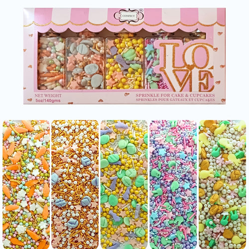 Easter Sprinkles Edible |  White, Pink and Gold Pearls, vermicelli , Easter Bunny & Stars Pack of 5 (EAST 12) - 100Gms