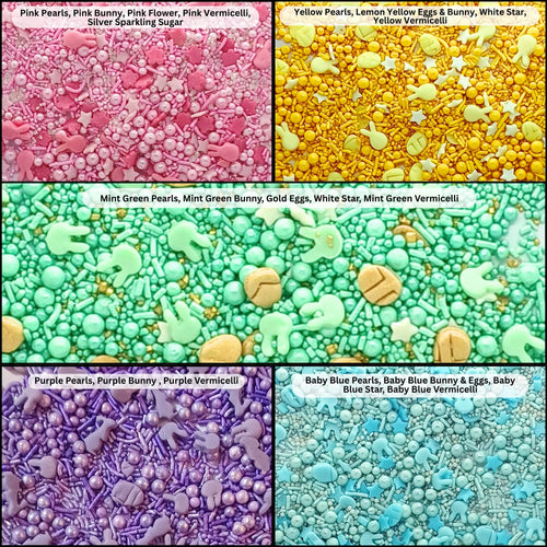 Easter Sprinkles Edible | Mix Parrot Green, Pink, Sky Blue and Yellow Pearls & Stars Pack Of 5 (EAST 5) - 100Gms
