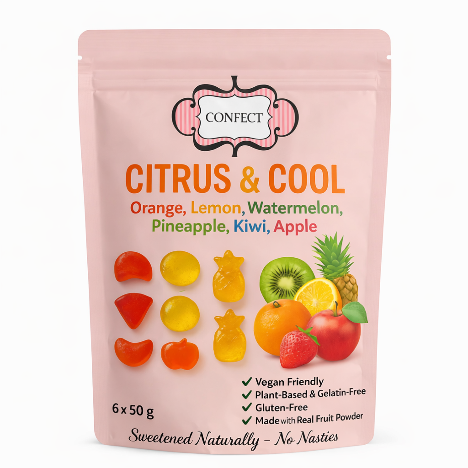 Citrus & Cool Gummies | Pack of Orange, Lemon, Watermelon, Pineapple, Kiwi, Apple Gummies | 300g
