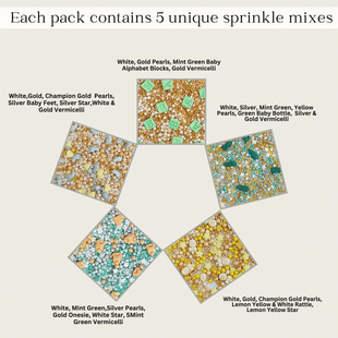 Baby Shower Sprinkles | Mix Gold, Silver, Mint Green & Pearl Dragees Pack of 5 (BABY SHOWER -01)