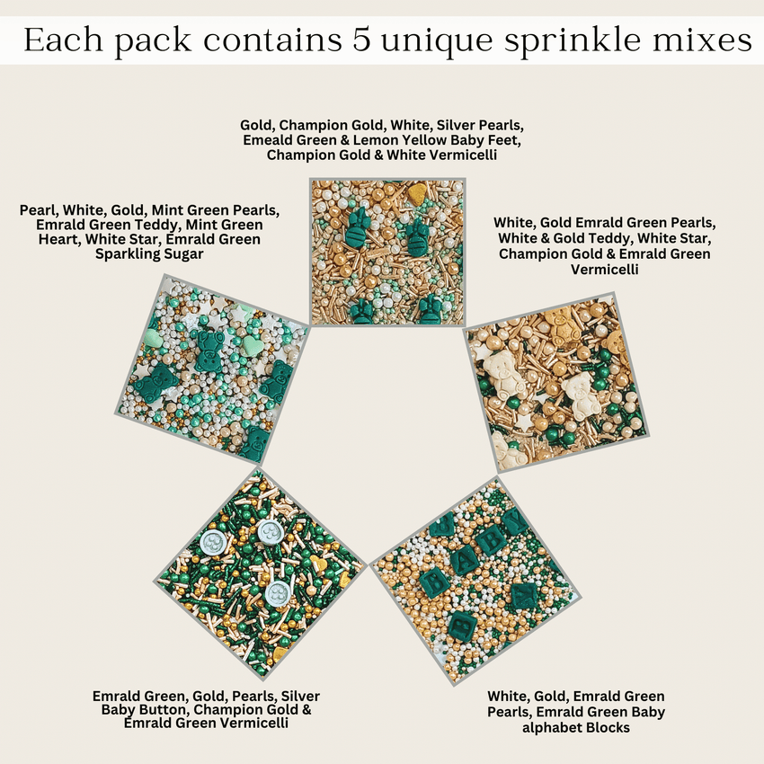 Baby Shower Sprinkles | Gender Reveal Sprinkles | Gold, Silver, Mint Green & Pearl Dragees Pack of 5 (BABY SHOWER -09)