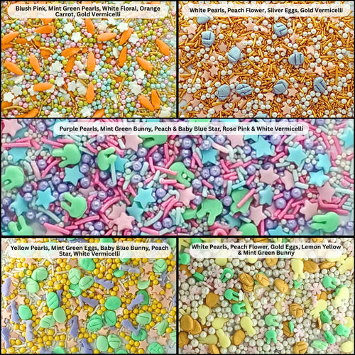 Easter Sprinkles Edible |  White, Pink and Gold Pearls, vermicelli , Easter Bunny & Stars Pack of 5 (EAST 12) - 100Gms