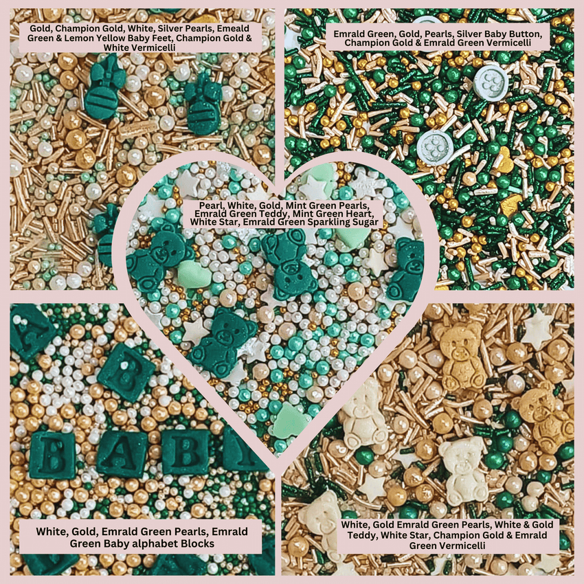 Baby Shower Sprinkles | Gender Reveal Sprinkles | Gold, Silver, Mint Green & Pearl Dragees Pack of 5 (BABY SHOWER -09)