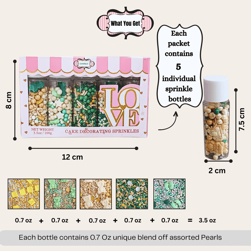 Baby Shower Sprinkles | Gender Reveal Sprinkles | Gold, Silver, Mint Green & Pearl Dragees Pack of 5 (BABY SHOWER -09)