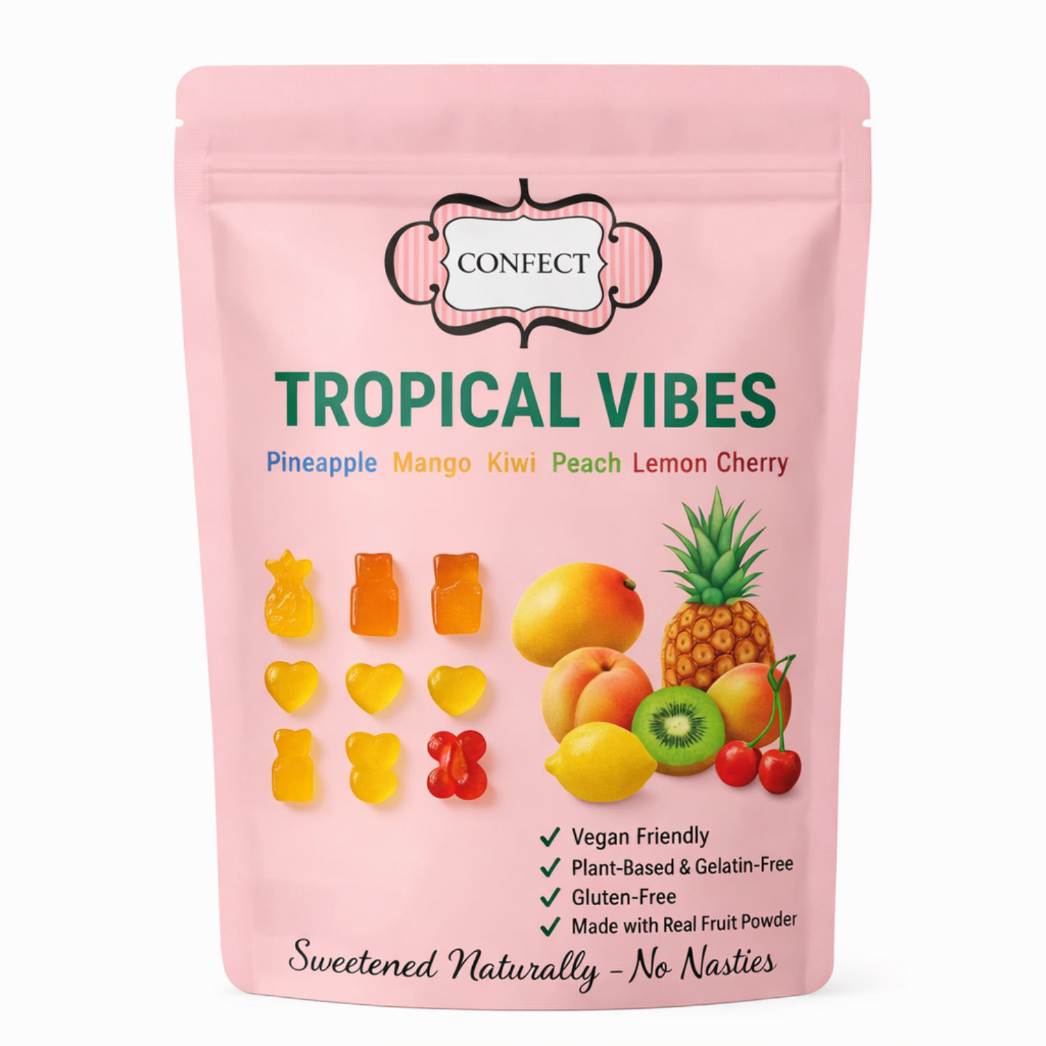 Tropical Vibes Gummies | Pack of Pineapple, Mango, Kiwi, Peach, Lemon, Cherry Gummies | 300g