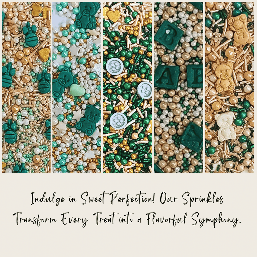 Baby Shower Sprinkles | Gender Reveal Sprinkles | Gold, Silver, Mint Green & Pearl Dragees Pack of 5 (BABY SHOWER -09)