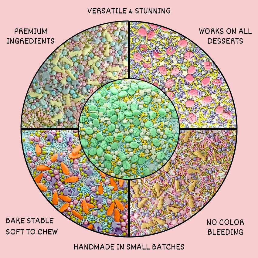 Spring Sprinkles Edible |  Mix Green & Pink Eggs & Yellow & Gold Bunny pack of 5 (EAST 3) - 100Gms