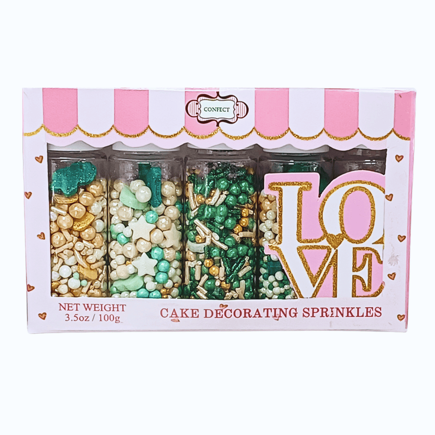 Baby Shower Sprinkles | Gender Reveal Sprinkles | Gold, Silver, Mint Green & Pearl Dragees Pack of 5 (BABY SHOWER -09)