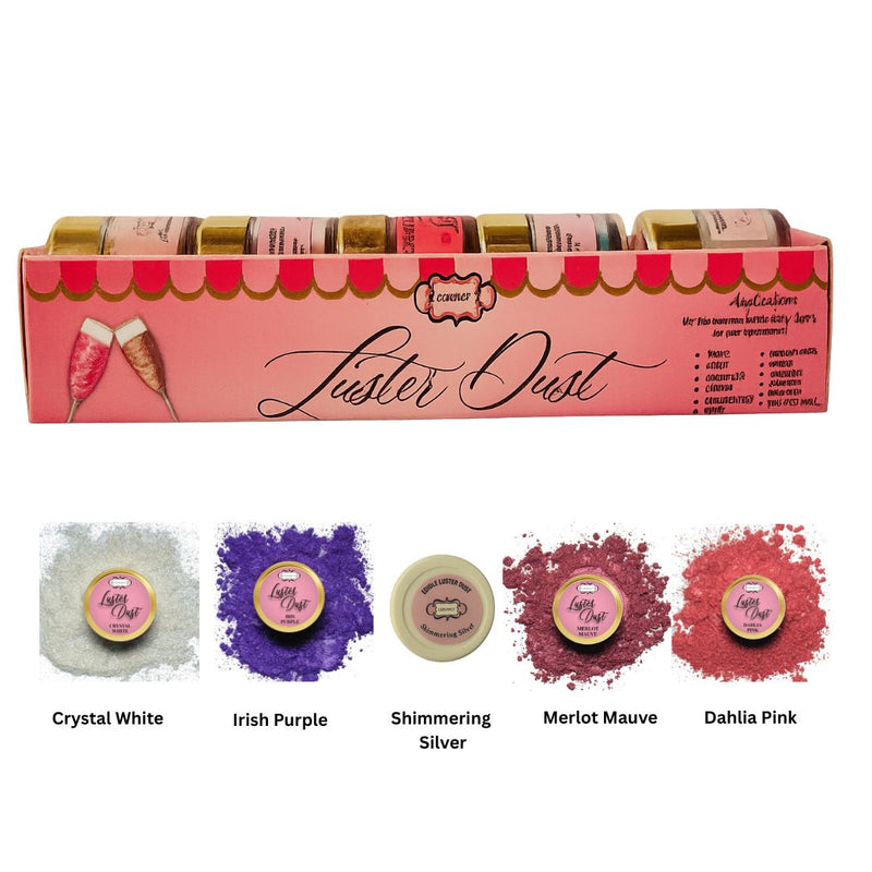 Edible Luster Dust – Pack of 5 | Silver, Crystal, Pink, Purple, Mauve | 25 Gm