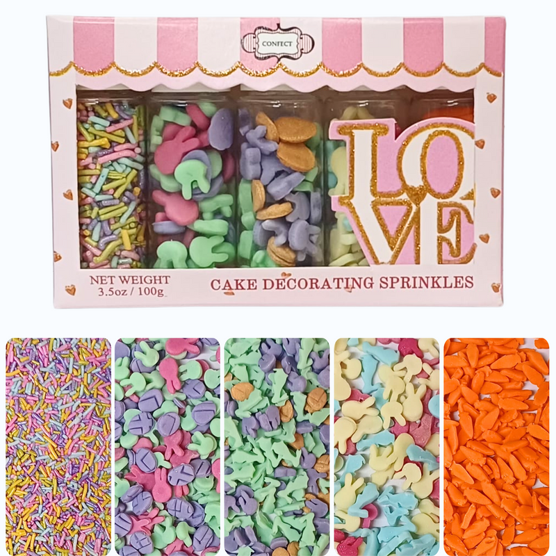 Easter Sprinkles Edible | Mix Pink, Yellow, Red, Silver and Green Vermicelli and Easter Bunny Pack of 5 (EAST 10) - 100Gms