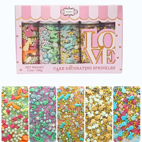 Easter Sprinkles Edible | Mix Parrot Green, Yellow, Pink, White and Silver Pearls & Stars Pack of 5 (EAST 7) | 140g