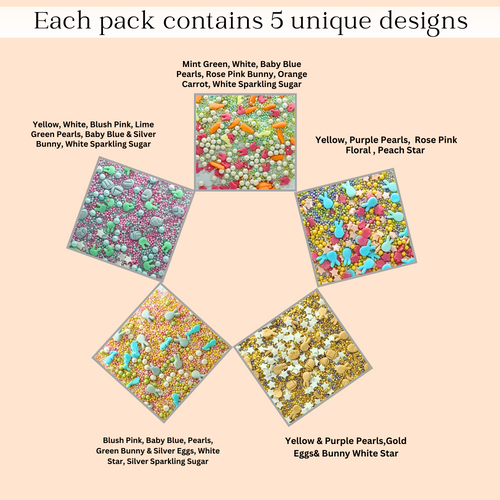 Easter Sprinkles Edible | Mix Parrot Green, Yellow, Pink, White and Silver Pearls & Stars Pack of 5 (EAST 7) - 100Gms
