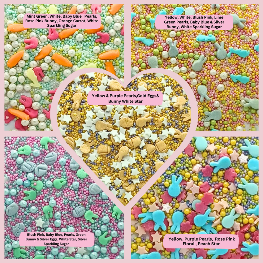 Easter Sprinkles Edible | Mix Parrot Green, Yellow, Pink, White and Silver Pearls & Stars Pack of 5 (EAST 7) - 100Gms